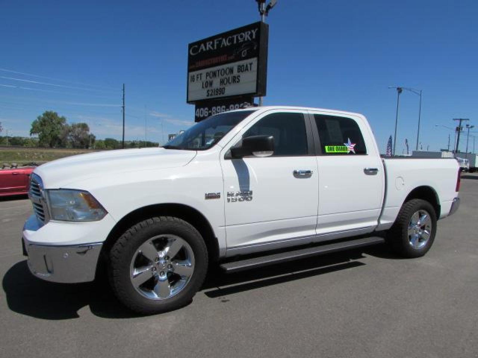 2018 White /Gray Cloth Ram 1500 SLT Bighorn Crew Cab SWB 4WD (3C6RR7LT7JG) with an 5.7L V8 OHV 16V engine, 8A transmission, located at 4562 State Avenue, Billings, MT, 59101, (406) 896-9833, 45.769516, -108.526772 - 2018 RAM 1500 SLT Bighorn Crew Cab 4WD - One owner! 5.7L V8 OHV 16V Hemi Engine - 8 speed automatic transmission - 4WD - 124,489 miles SLT Bighorn package - air conditioning - climate control - tilt wheel - cruise control - touchscreen bluetooth audio with steering wheel mounted controls - U C - Photo #0