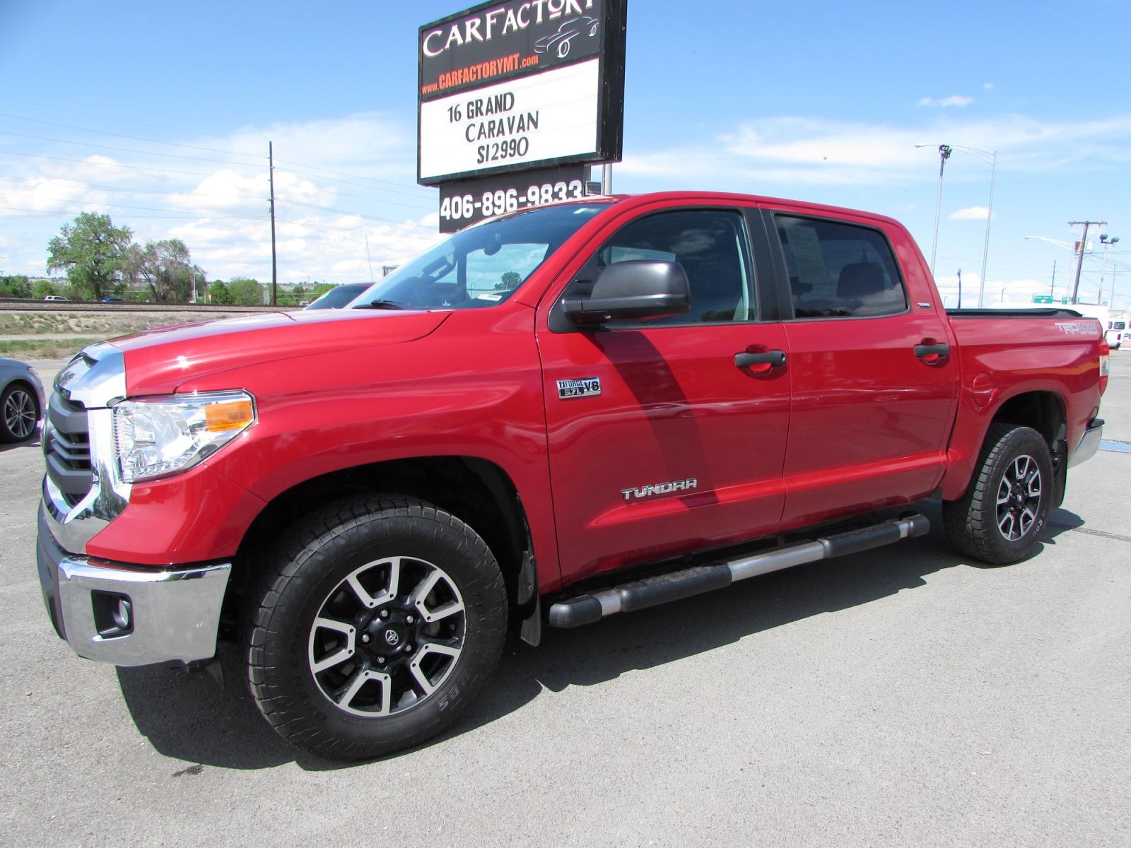 2016 Red /Gray cloth Toyota Tundra SR5 5.7L V8 FFV CrewMax 4WD (5TFDW5F15GX) with an 5.7L V8 DOHC 32V FFV engine, 6A transmission, located at 4562 State Avenue, Billings, MT, 59101, (406) 896-9833, 45.769516, -108.526772 - 2016 Toyota Tundra SR5 5.7L V8 FFV CrewMax 4WD - TRD Off Road! 5.7L V8 DOHC 32V Engine - 6 speed automatic overdrive transmission - 4WD - 183,940 miles - 5.5 Bed - SR5/TRD SR5 Upgrade Package - dual zone climate control - tilt and telescoping steering wheel - cruise control - touch screen blue - Photo #0