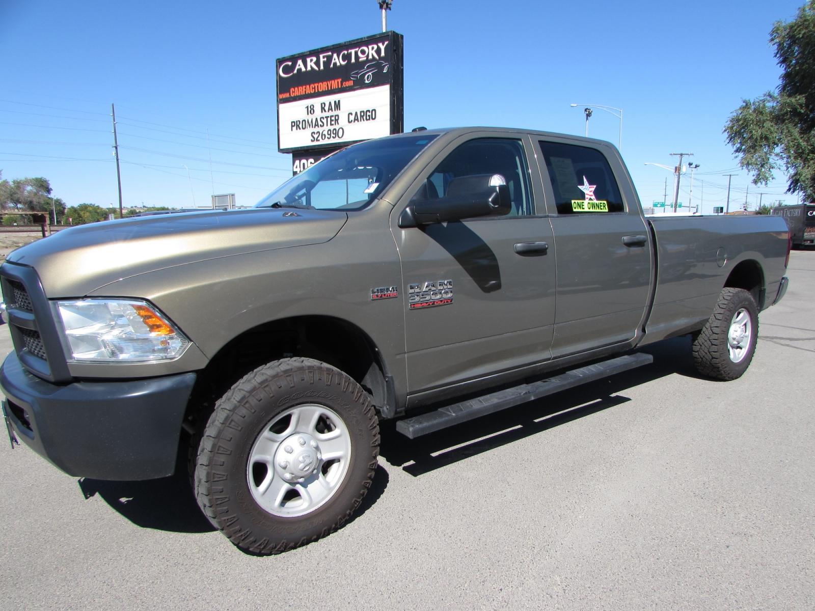 2015 Prairie Pearl /Gray RAM 3500 Tradesman Crew Cab 4WD (3C63R3GT6FG) with an 5.7L V8 OHV 16V engine, 6-Speed Automatic transmission, located at 4562 State Avenue, Billings, MT, 59101, (406) 896-9833, 45.769516, -108.526772 - 2015 RAM 3500 Tradesman Crew Cab 4WD - One owner - 63,672 miles! 5.7L V8 OHV 16V Hemi Engine - 6 speed automatic transmission - Longbox - 4WD - 63,672 miles - One owner Tradesman package - air conditioning - tilt steering wheel - cruise control - AM/FM/XM/CD audio - power windows and door loc - Photo #0